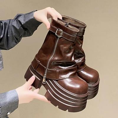 Fashion 10CM Women's Autumn Winter Leather Ankle Boots Heels Chunky Platform Combat Boots New Non Slip Motorcycle Shoes Woman Punk Boots