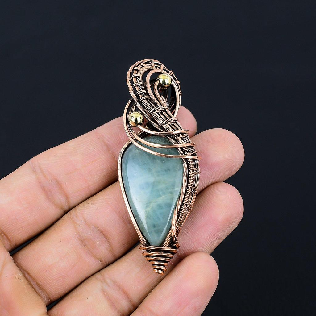 Wonderful Aquamarine Gemstone Handmade Pure Copper Wire Wrapped Pendant Jewelry
