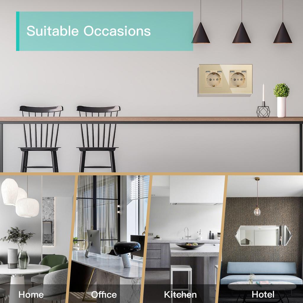 BSEED Double EU Wall Socket Type-c USB Power Sockets Android Apple Mobile Phone Charging Ports Glass Panel 16A