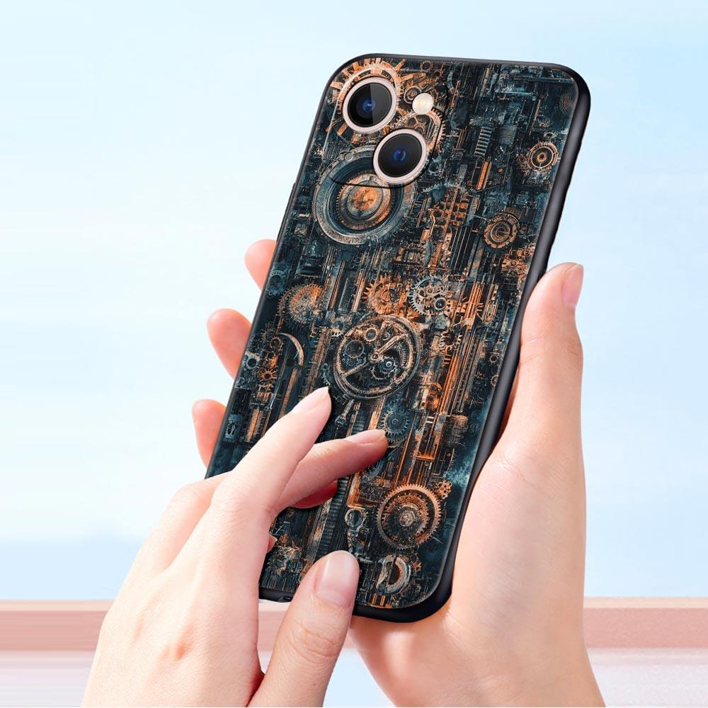 Mechanical Gear Pattern Phone Case Cover for iPhone 17 16 15 14 13 12 11 Pro Max 17 Air Plus Shockproof Soft TPU Shell Funda Bag