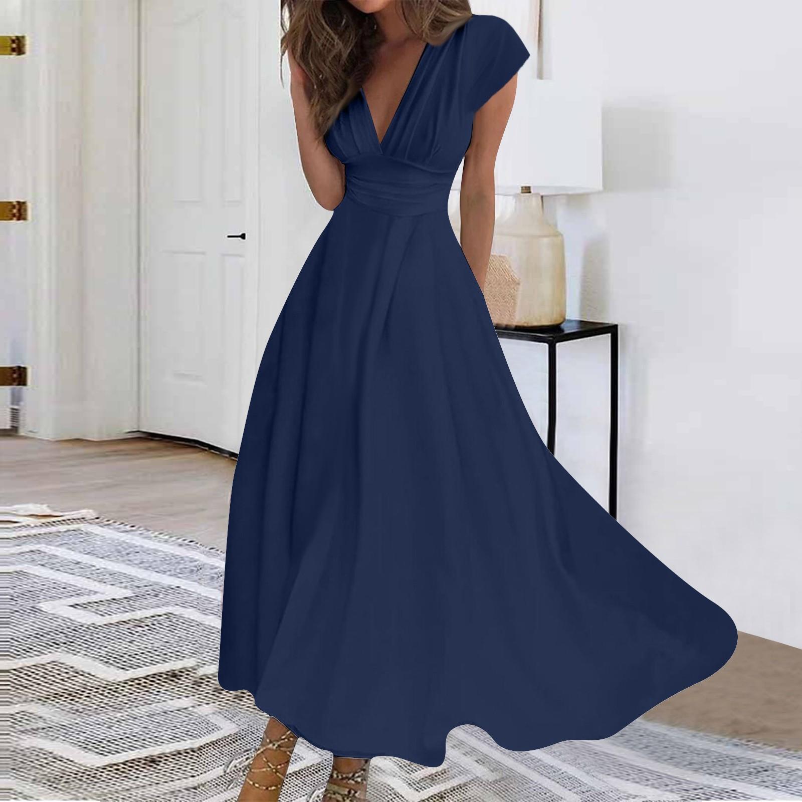 

Женское длинное платье Платье макси Повседневное платье Шифоновые платья Свободное платье Повседневное платье для взрослых на открытом воздухе Повседневное платье с рюшами и коротким рукавом с v-образным вырезом XXL тёмно-синий