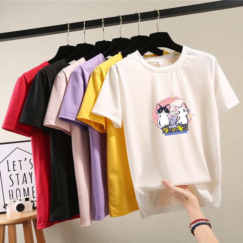 Harajuku Cute Cartoon Cat Print Short Sleeve T-shirts Women Summer Casual Loose Student T Shirt Young Girl Y2k Tops