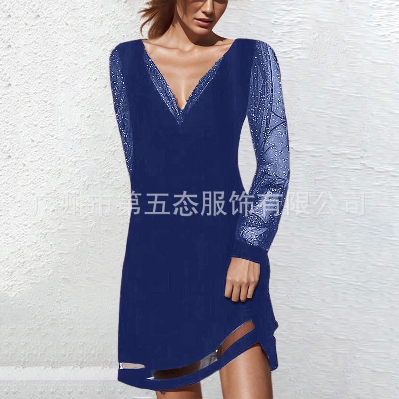 Spring and Autumn New European and American Women's Clothing Sequined Mesh Sleeve V-Neck Pullover Top Fashion Splicing Temperament Dress