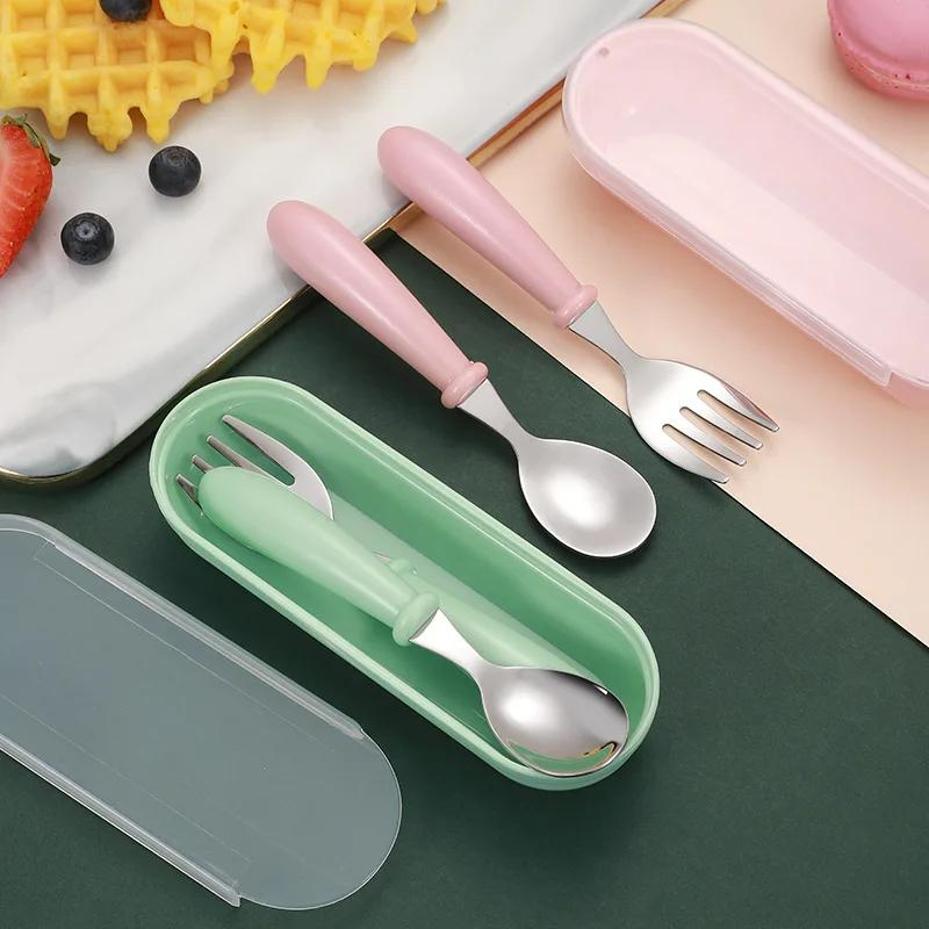 2 Pcs Children Spoon Forks Box Kids Stainless Steel Kids Cutlery Portable Baby Feeding Utensils Baby Spoons Baby Tableware Set