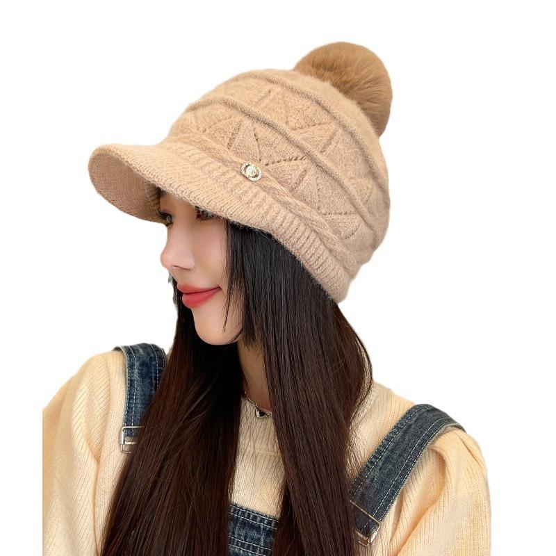 Autumn and Winter Hats Women's Winter Warm and Fleece Knitted Wool Hats Thickened Peaked Caps Cold-proof Hairball Ear Protectors