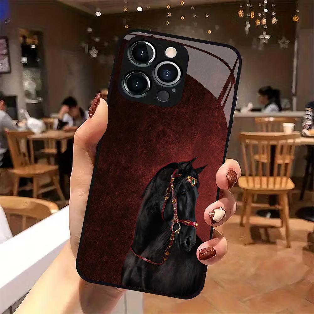 Skleněné pouzdro na mobilní telefon s koňským vzorem na červeném pozadí vhodné pro iPhone 17/16/15/14/13/12/11Pro Max plně kryjící proti pádu