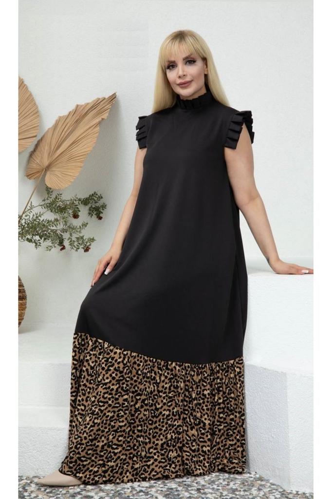 Damen-Kleid in großen Größen, Übergröße, langes Kleid mit Leopardenmuster und Taschen, Schwarz