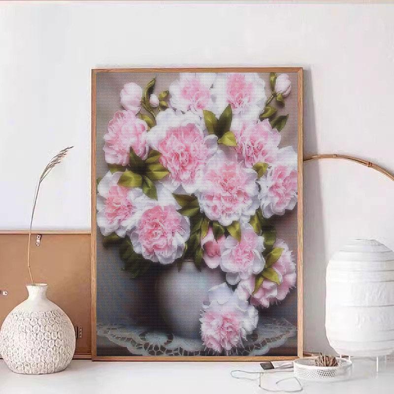 Diamond Painting Embroidery Cross Stitch Pink Flower Full Round Diamond Vase Mosaic Decor For Home 30x40cm/12x16inch