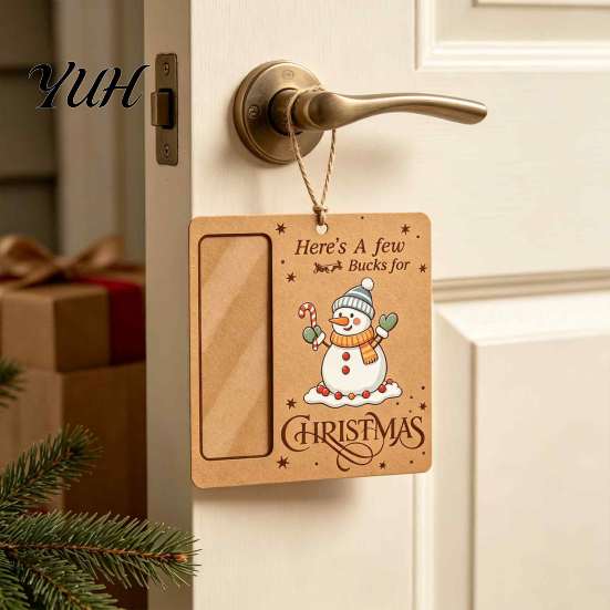 Christmas Tree Money Hanging Decor Wooden Holder, Vintage Cash Gift Holder Ornaments Decorative Envelope for with Santa/Snowman/Tree Pattern