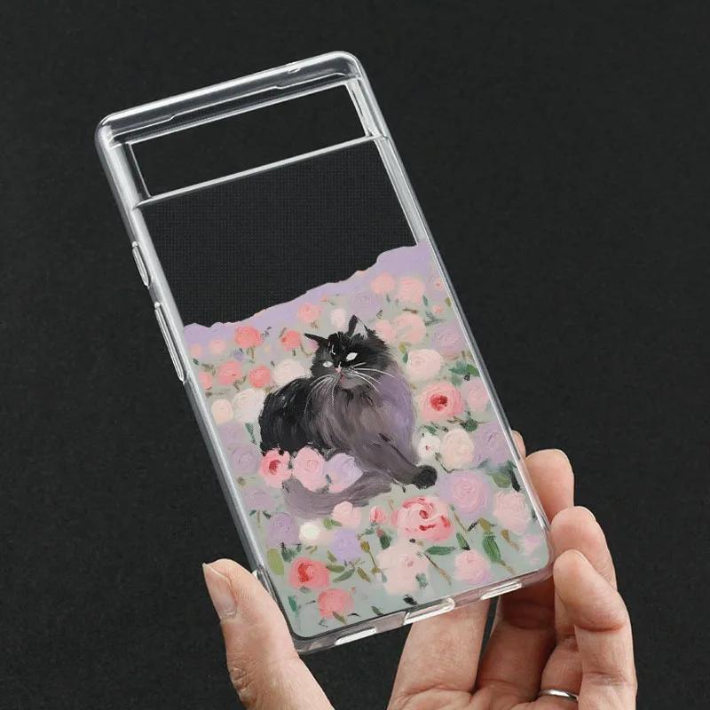 

For Google Pixel 8A Cute Black Cat Pink Flower Clear Phone Case for Google Pixel 8 6 9 Pro 6A 7 7A Lovely Transparent Soft Cover Pixel 7A