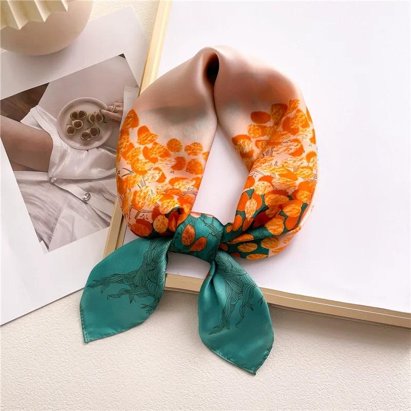 70Cm Poetic Autumn Leaves Scarf Orange Green Color-Blocking Scarves Women Imitation Silk Square Scarf Versatile Shawl Headscarf