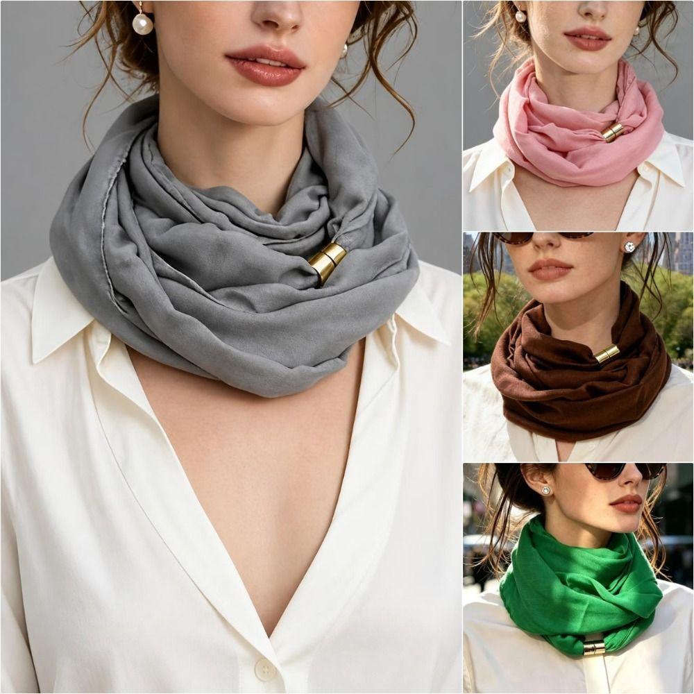 French Style Magnetic Buckle Scarf Magnet Clasp Silk Scarf Elegant Neck Scarf Autumn