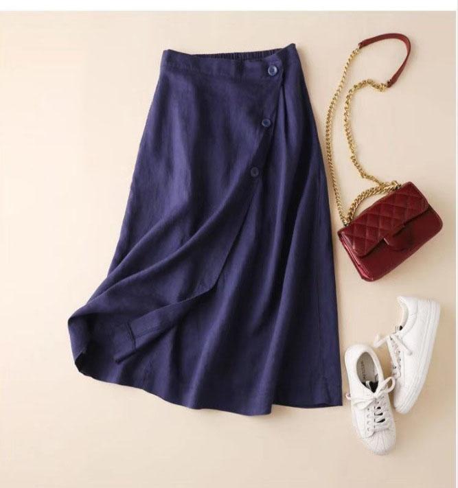 Cotton Linen Skirts Women's Chic Casual Medium Length Elegant Versatile Commuting Wear Large Swing Breath Skirt With Button