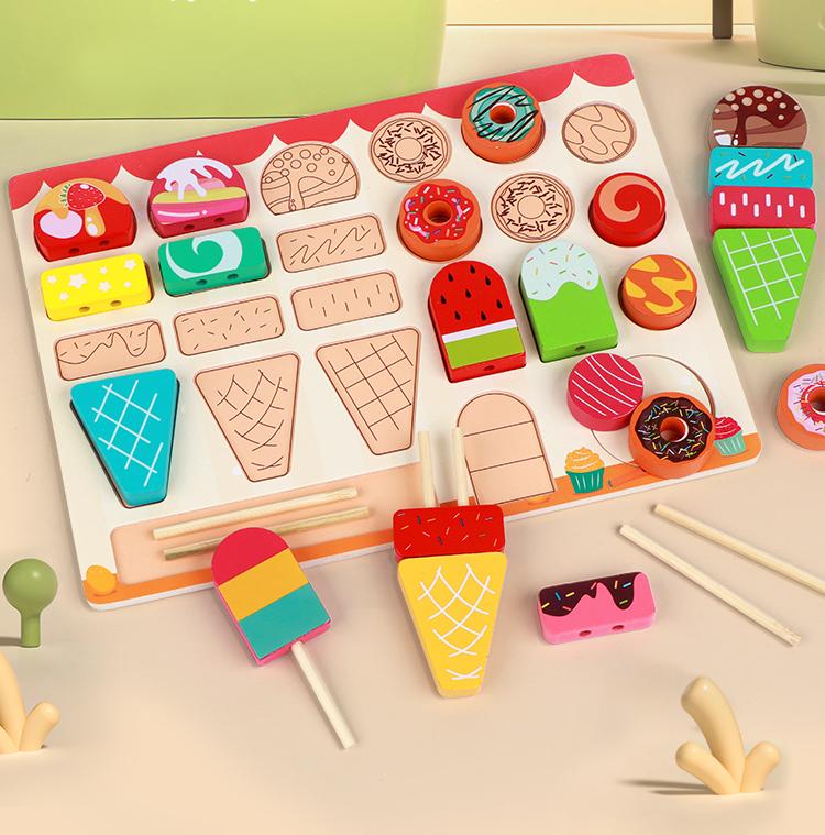 Wooden Ice Cream Set, Ice Cream Doughnut, And Cookie Combination For Role Play Kitchen Baking And Parent-Child Interaction