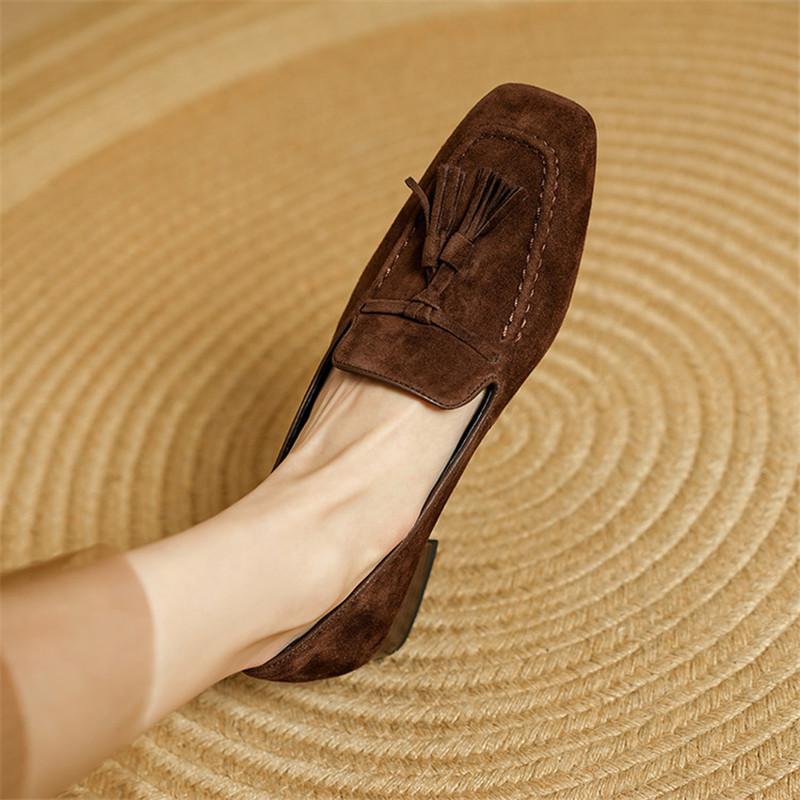 Fashion New Spring Sheep Suede Woman Shoes Square Toe Women Pumps Shoes for Women Low Heel Loafers Fashion Tassel Chunky Casual Shoes