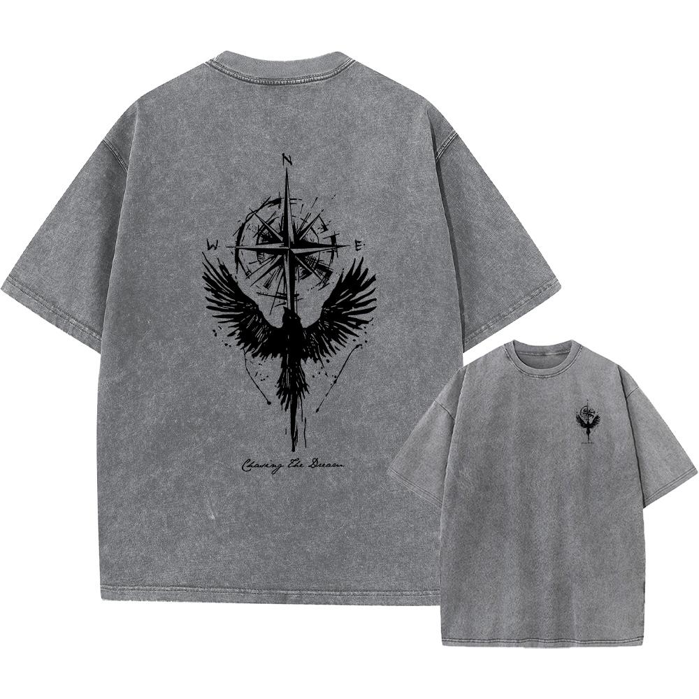 

Mens Creative Raven Compass Print Washed TShirt Summer Fashion Pure Cotton Crew Neck Short Sleeve Casual Commute Home Wear S