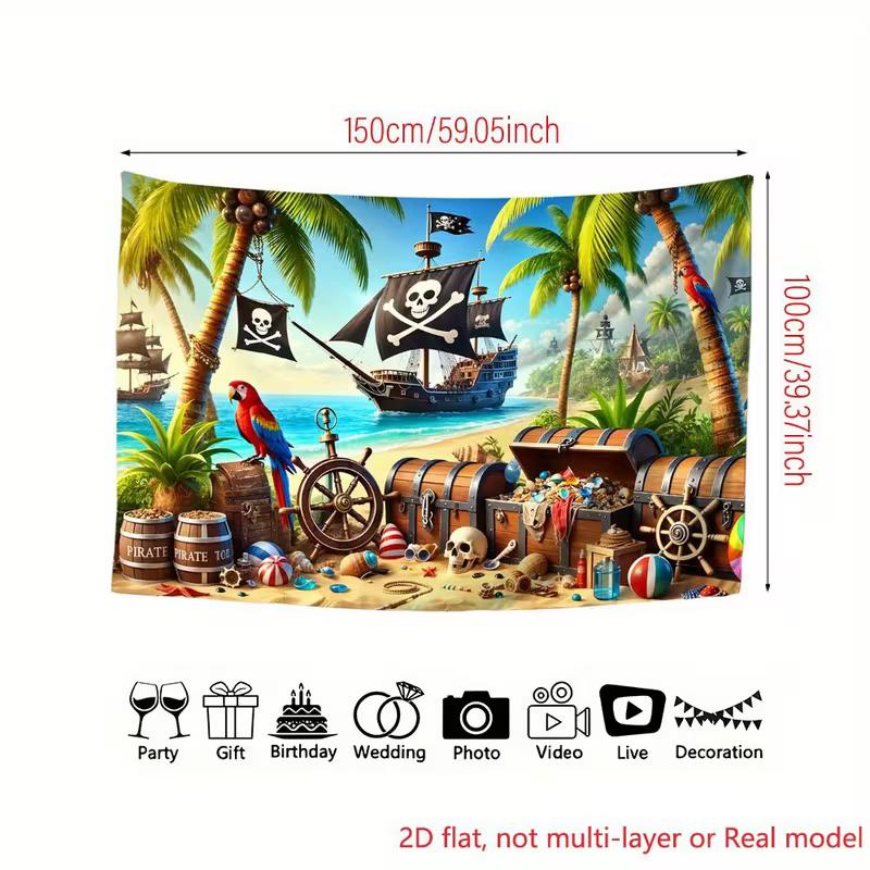 Vinyl Pirate Beach Backdrop - Pirate Ship, Parrot & Treasure Chest Photography Background