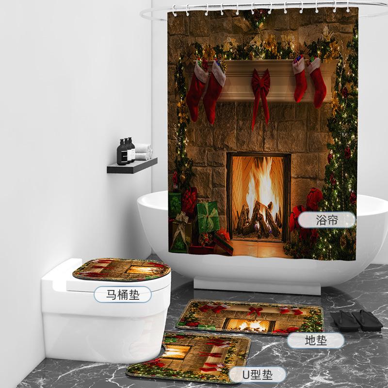 Bathroom 4-Piece Christmas Digital Printing Bathroom Non-Slip Mat U-Mat And Shower Curtain Set