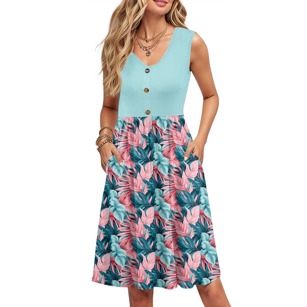 Damen Sommer Druck Kleider Ärmellos Lässig Locker Schwingend Knopfleiste Midi Sommerkleid mit Taschen