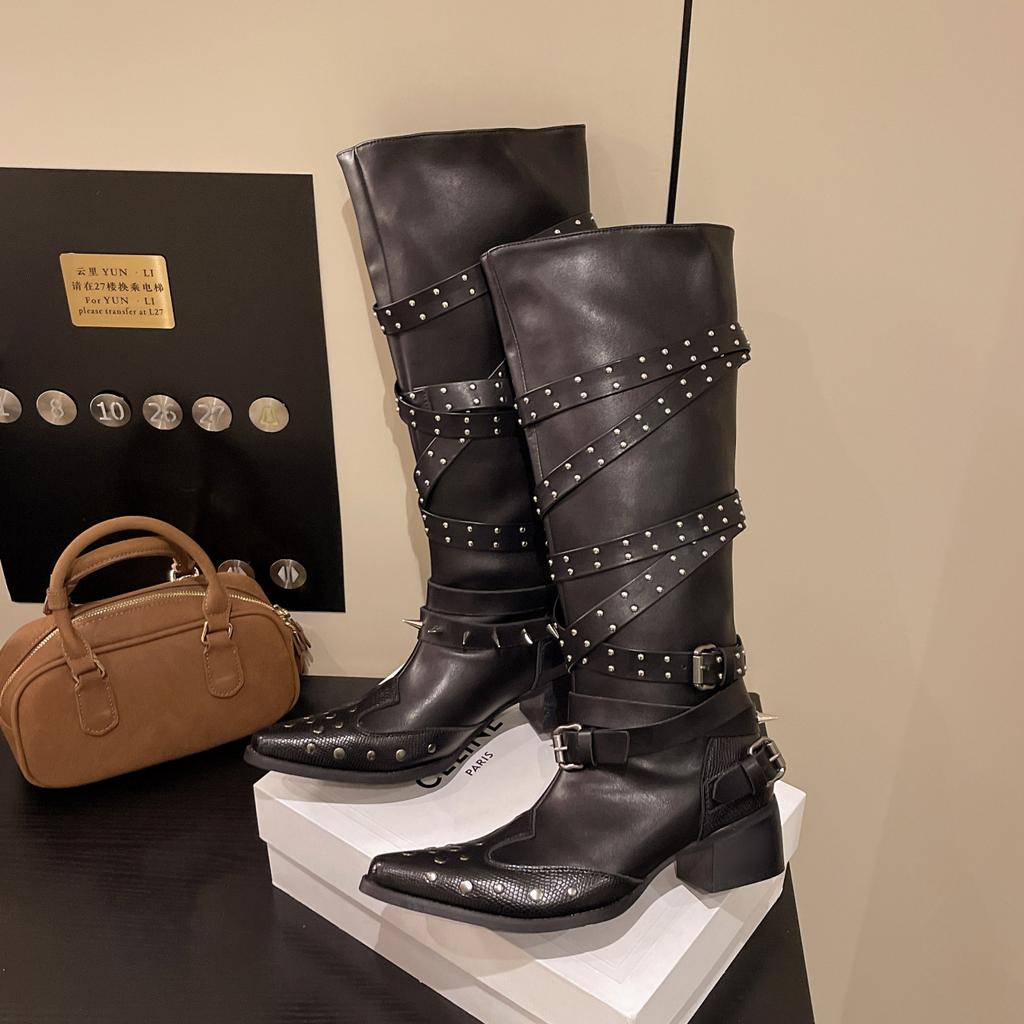 Women's Knee-high Boots Punk Style Long Boots Pointed Toe Leather Boots for Women Western Cowboy Boot Rivet Knight Botas