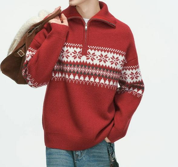 Pull Pullover Mi-Zip Unisexe Motif Flocon de Neige avec Col Montant en Laine d'Agneau