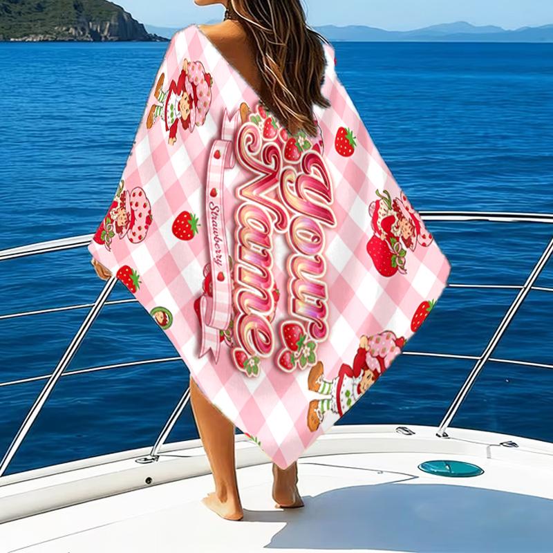 1pc Princess Strawberry Beach Towel with Custom Name, Beach and Seaside Swimming Pool Equipment, Fashion Pattern, Rectangular, Travel Essential
