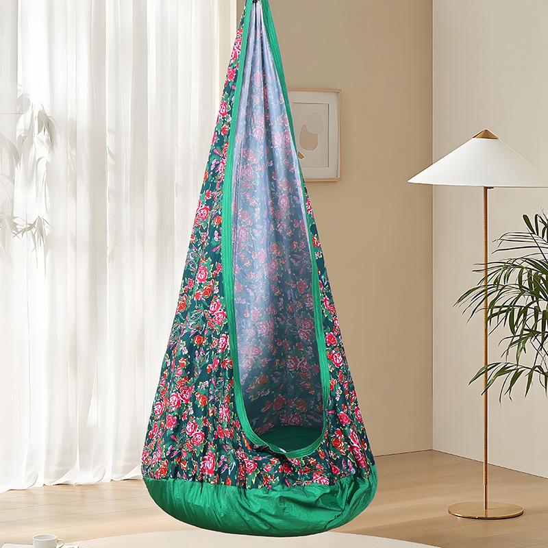 

Новое детское подвесное кресло, портативная парашютная ткань, качели, кровать для кемпинга на открытом воздухе с большим цветком, подвесное кресло, гамак, надувной коврик 150 * 80cm green big flower