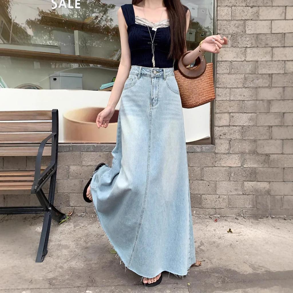 Retro Denim Mini Skirt Women's Spring Large Size Long A- Line Loose Slimming Bodycon Skirt
