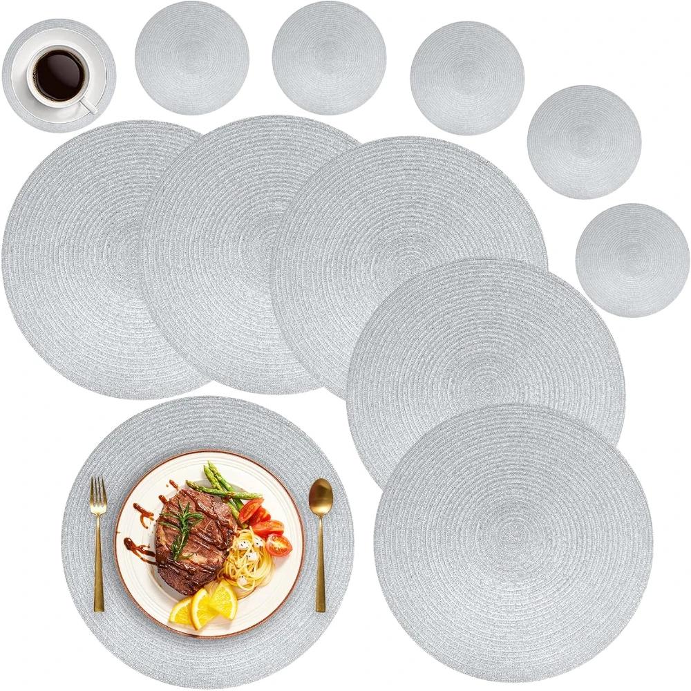 6Pcs Round Table Mat and Cup Coasters Set Woven Ramie Placemats Anti Slip Dining Placemats Non-Slip Tableware Bowl Pads Kitchen