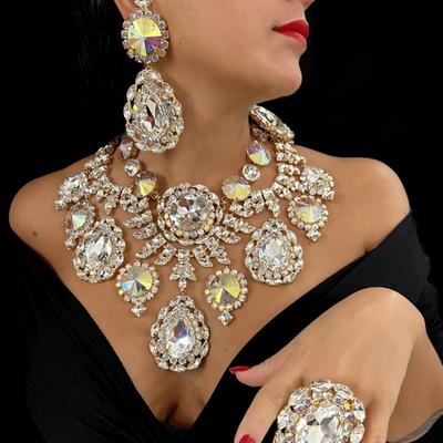 Sexy Exaggerated Water Drop Jewelry Set Trendy Rhinestone Necklace Pendant Earrings Accessories