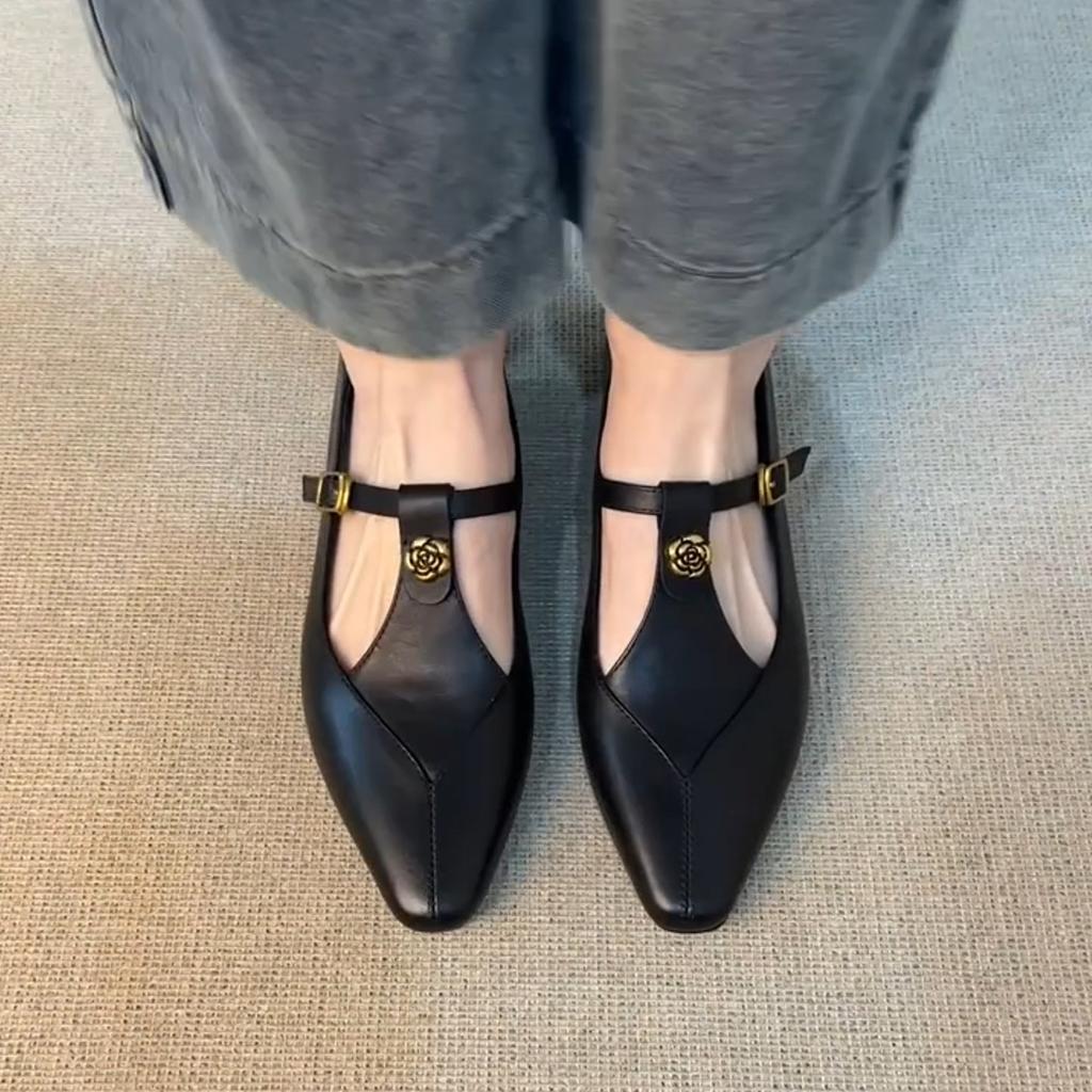Sheepskin Version~ Versatile Leather One-word Buckle Hollow Single Shoes Women's Retro Camellia Thick Heel Commuting Mary Jane Shoes