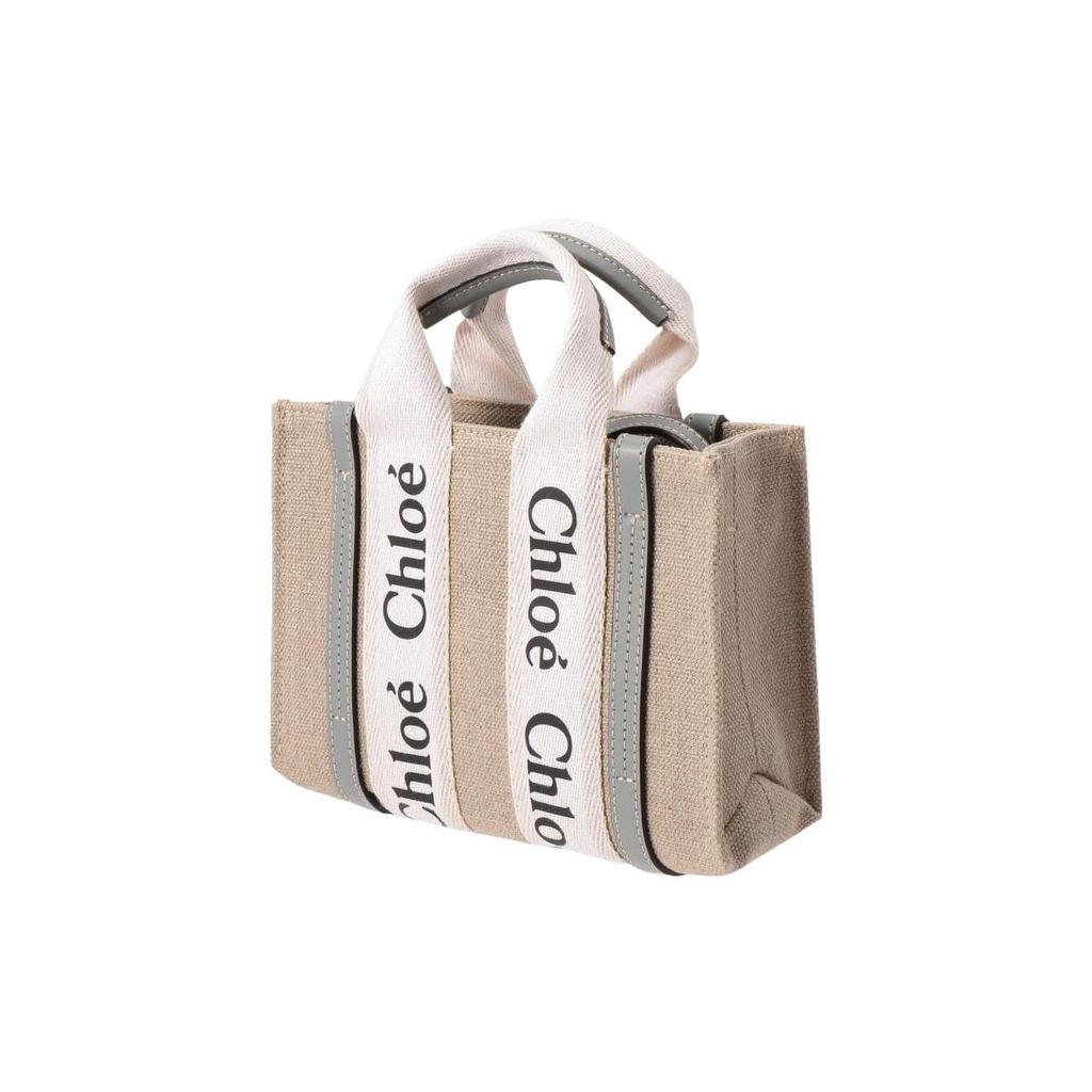 Chloe Woody Logo Print Leinen Canvas und Glattes Kalbsleder Tragetasche Damen Tragetaschen CHC22-AP237I26-012