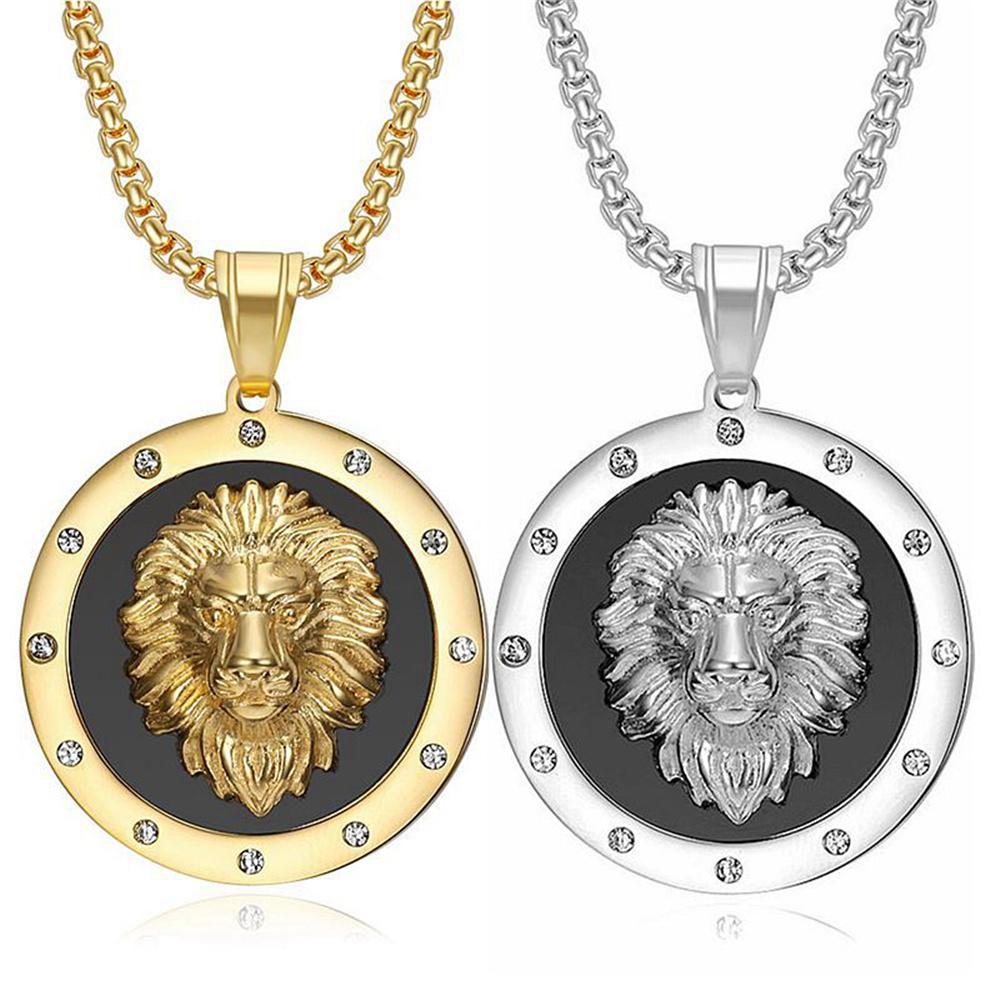 Round AAA CZ Lion Head Pendant Necklace,Silver Plated Animal Male Lion Stainless Steel Men Women Jewelry With Chain
