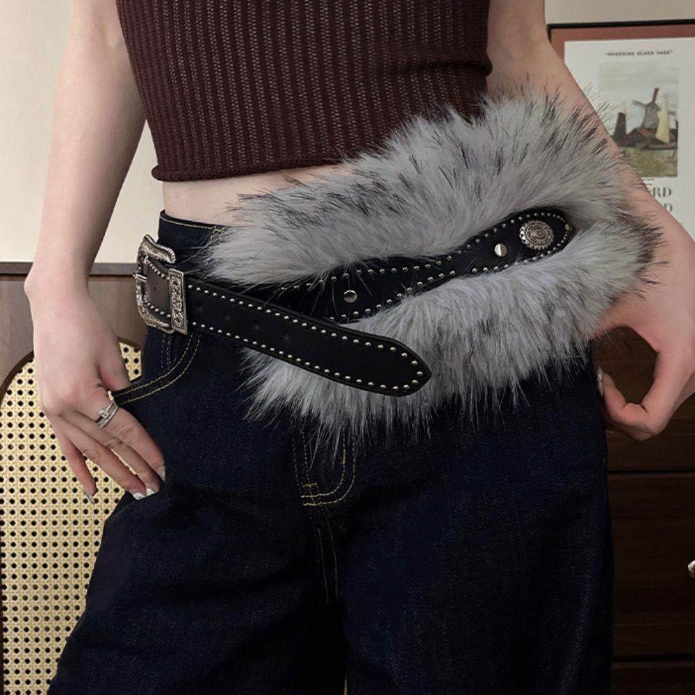 Retro Leather Fur Belt Spicy Girl Style Y2K Plush Waist Belt Fashion Furry Waistband  Daily