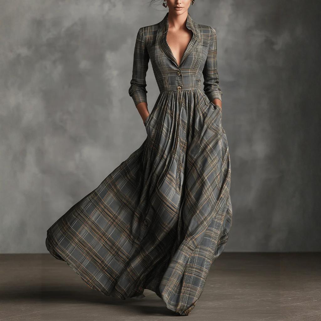 

Womens Plaid Shirt Dress V-Neck Button Button Split Asymmetric Hem Checkered Maxi Dress With Pockets XXXL