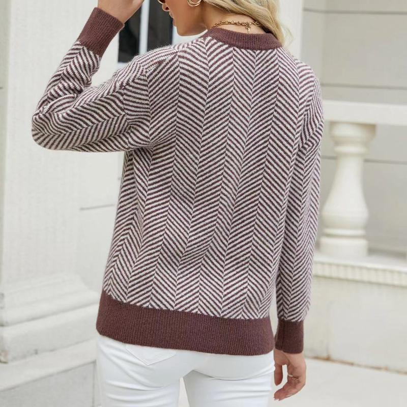 IHUASU Damen Herbst und Winter Gestreifter Mode Langarm O-Ausschnitt Gestrickter Lockerer Patchwork Pullover Pullover