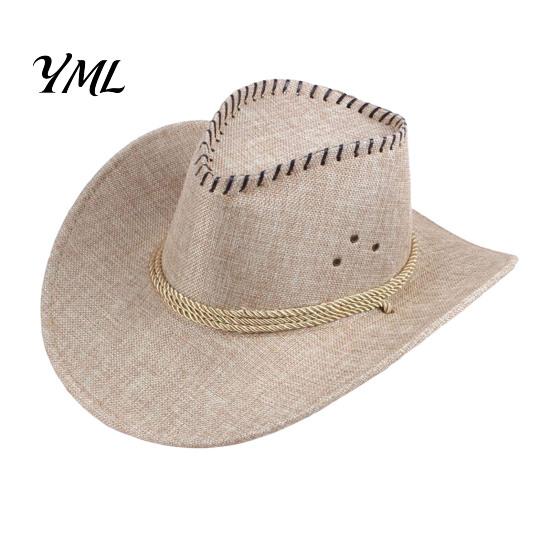 Lightweight Casual Hat Western Cowboy with Windbreak Rope for Men, Wide Brim Linen Sun Outdoor Travel, Halloween Cosplay Costume, Breathable