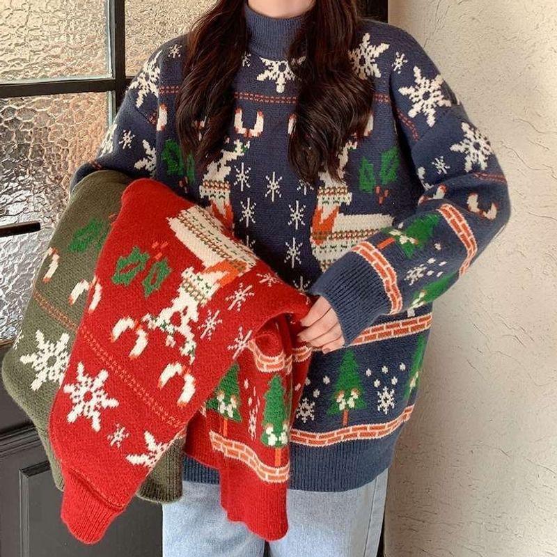 Women's Red Christmas Sweater - Thick, Half-High Collar, Loose Knit Pullover for Winter