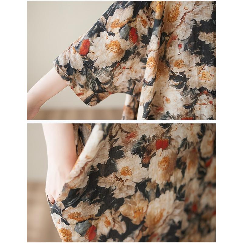 Dimanaf 2025 Summer Dress New Printing Casual Loose Floral Women Vintage Plus Size Dress O-Neck Dress Maxi