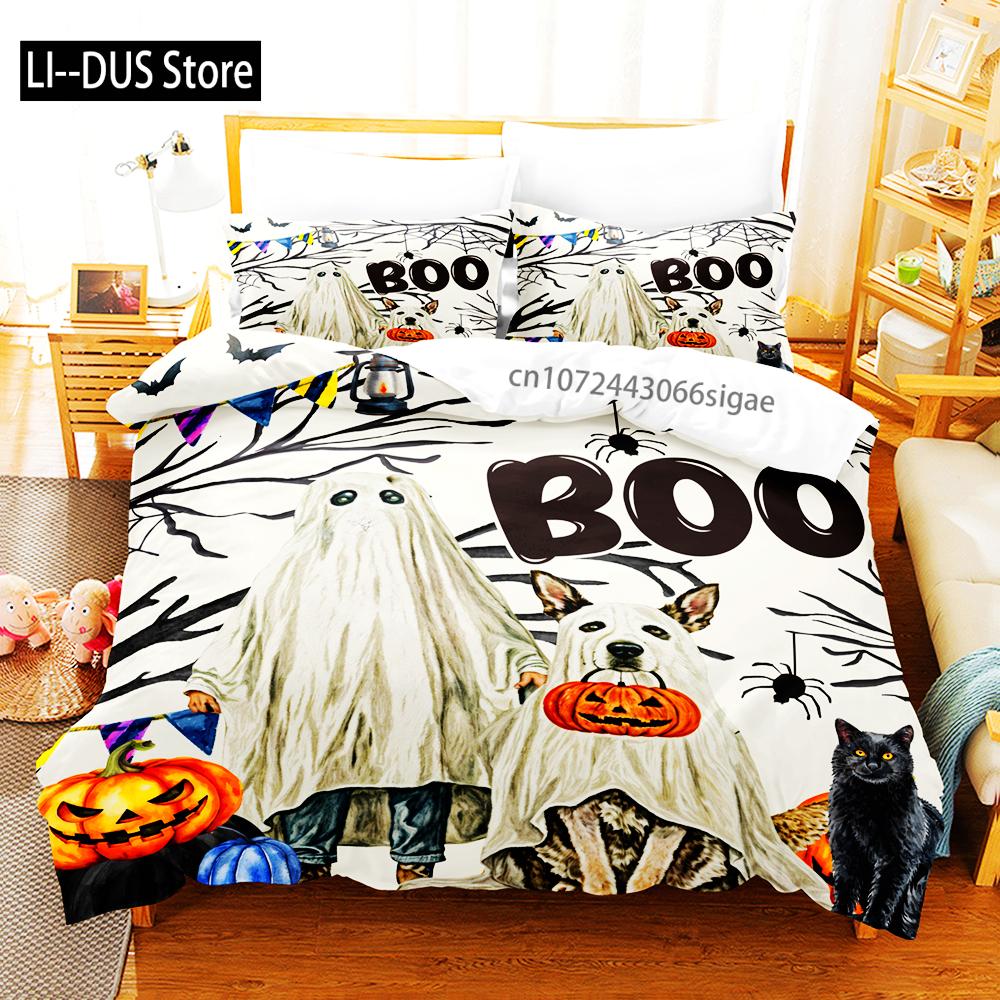 3/4ks Halloweenská ložní souprava s motivy dýní JackOLanterns, duchů, čarodějnických klobouků a lebek. Povlak na přikrývku zapálí ducha sezóny.