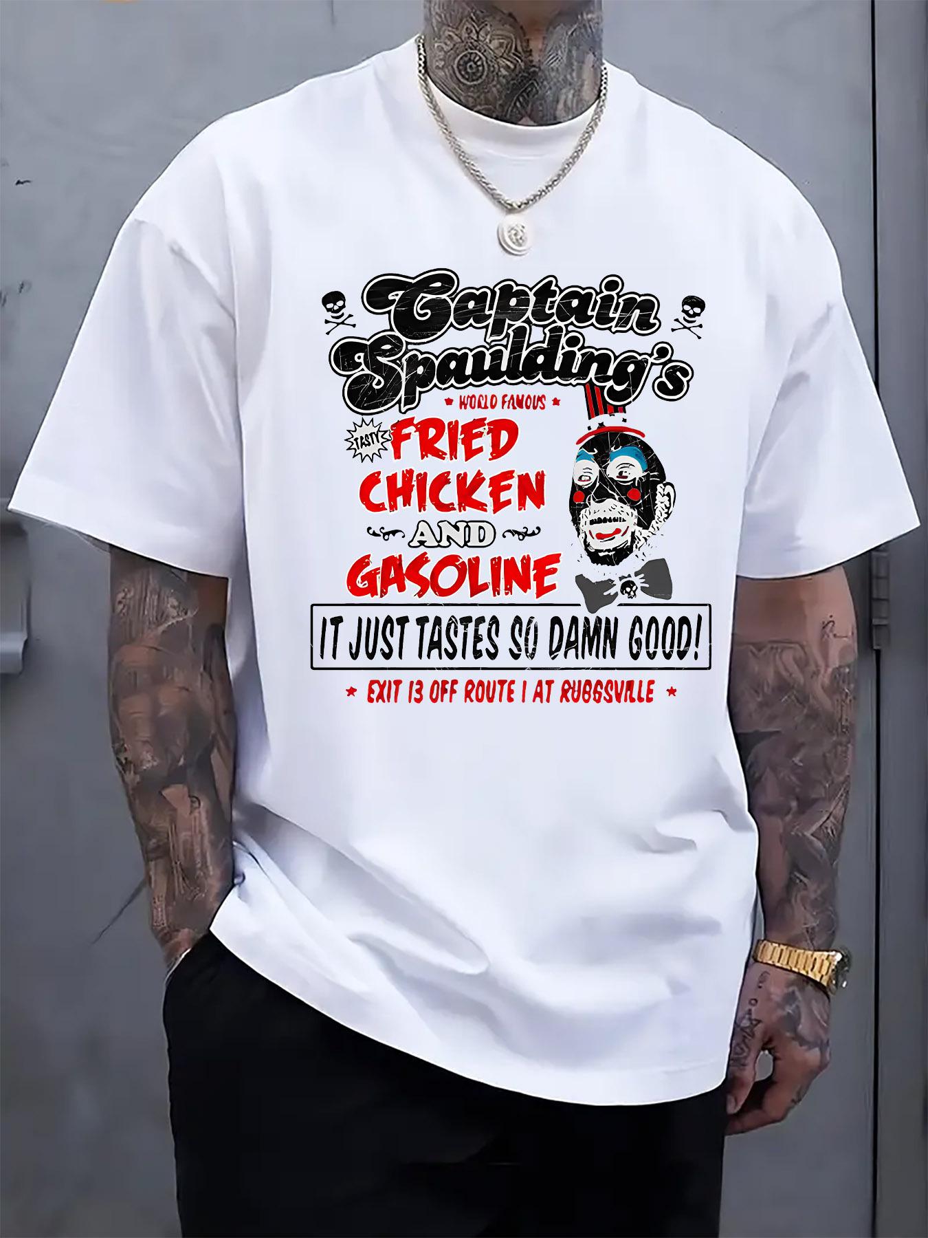 Casual Crew Neck T-shirt with Captain Spaulding S Fried Chicken and Gasoline Print XXXL