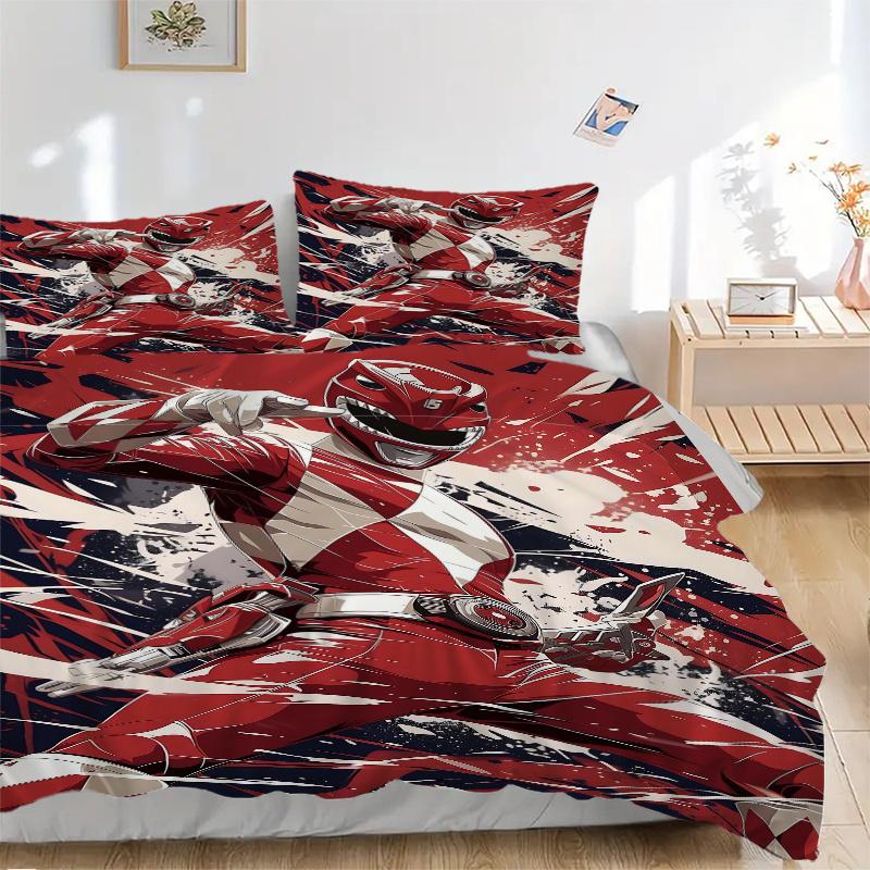3pcs Red Ranger in Action Printed Quilt Set - Includes 1 Quilt Cover and 2 Pillowcases, Machine Washable - Suitable for All Seasons.W071