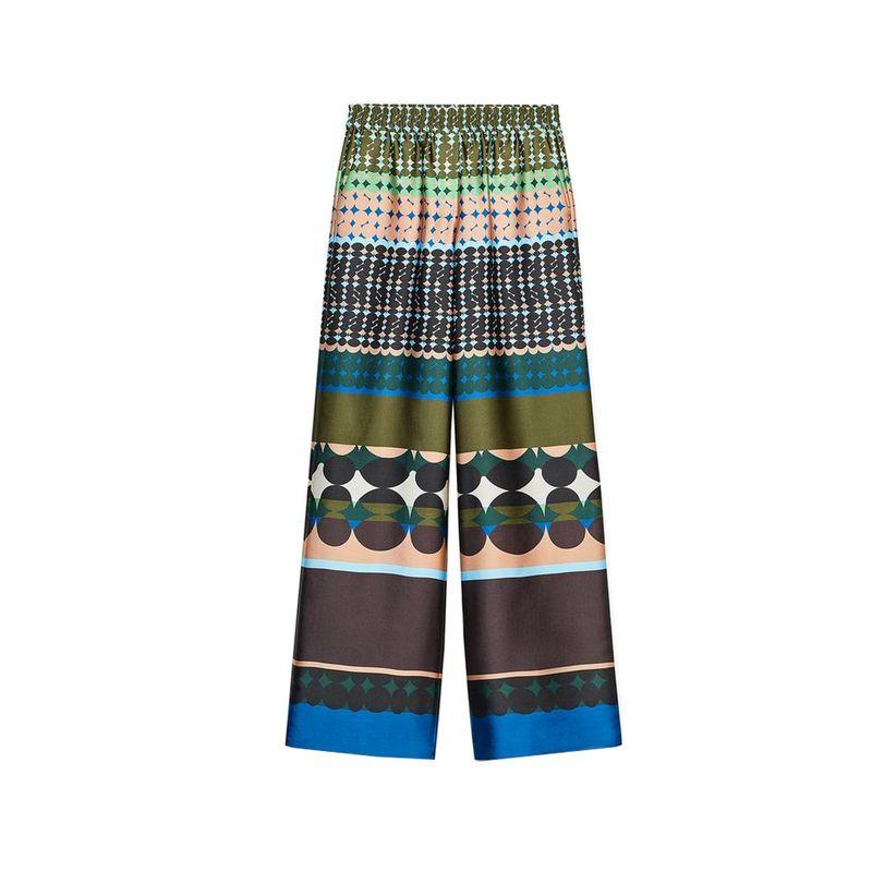 

Flip Collar Print Silk Satin Texture Short Sleeve Shirt 8796291 Wide Leg High Waist Casual Trousers 8768292 Multicolor Pants L