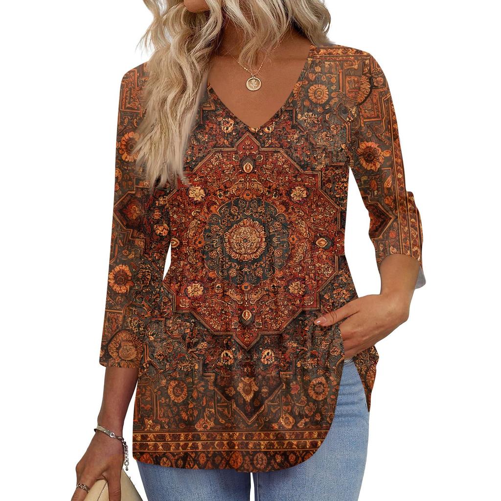 Women's T Shirt Print 3/4 Sleeve Fashion Basic V- Neck Regular Top