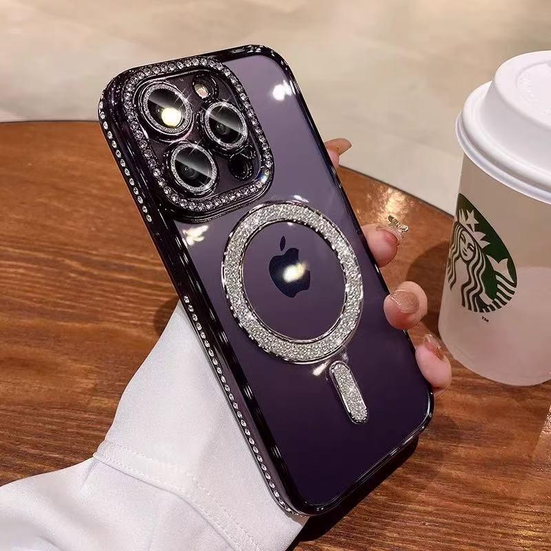 Custodia per Telefono Magnetica con Diamanti Scintillanti per iPhone 15 Pro Max Ricarica Wireless