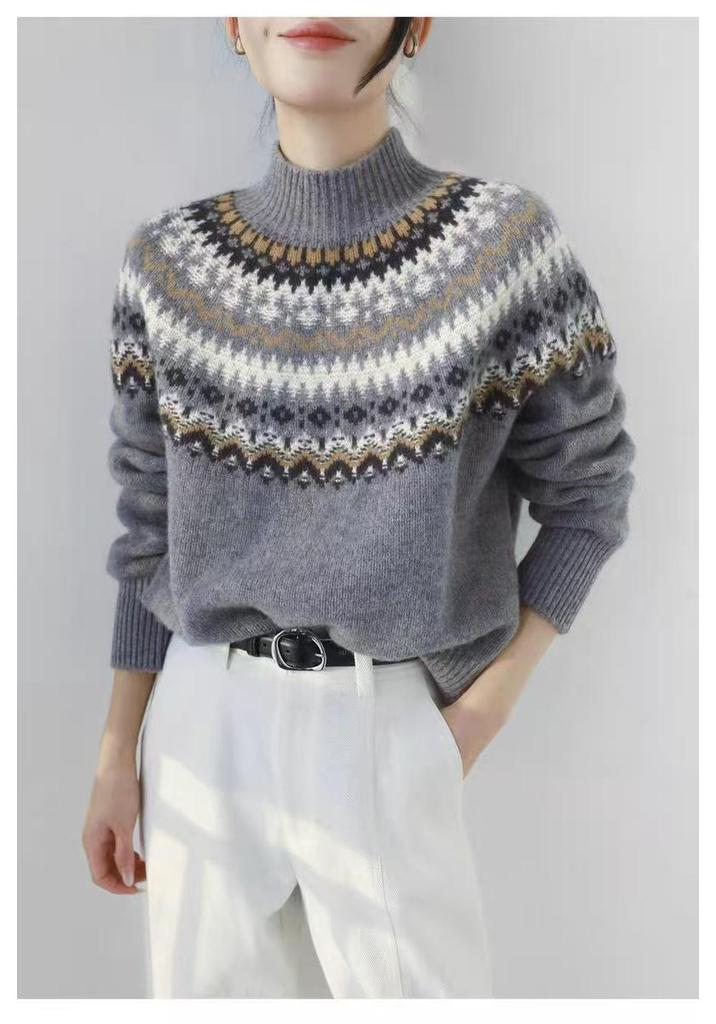 Women's 100% Wool Fair Isle Jacquard Sweater - Heavy Knit, Half-High Collar Pullover