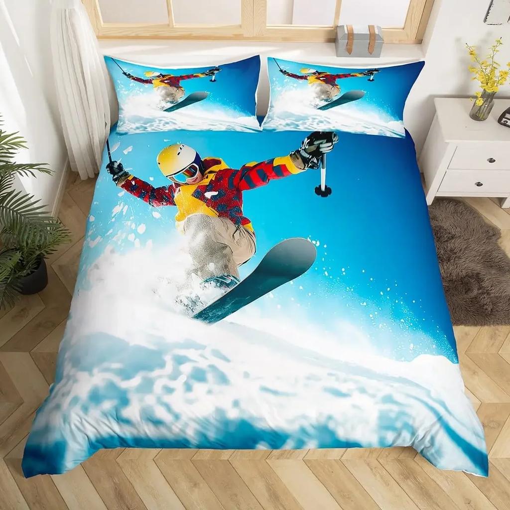 Ski Sports Duvet Cover Queen For Boy Teen Winter Sports Ski Theme Comforter Cover Microfiber Snow Mountain Landscape Bedding Set