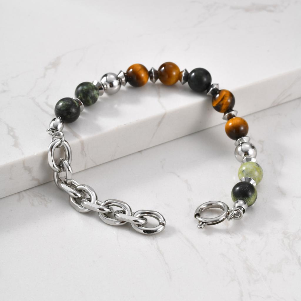 Vnox Men's Stainless Steel Beaded Bracelet with Natural Stone, Cool Hip Hop Adjustable Bracelet, Metal Beads Jewelry Accessories