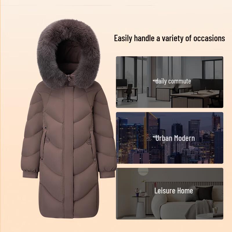 Qianrengang Women's Long Hooded Down Jacket with Large Fur Collar