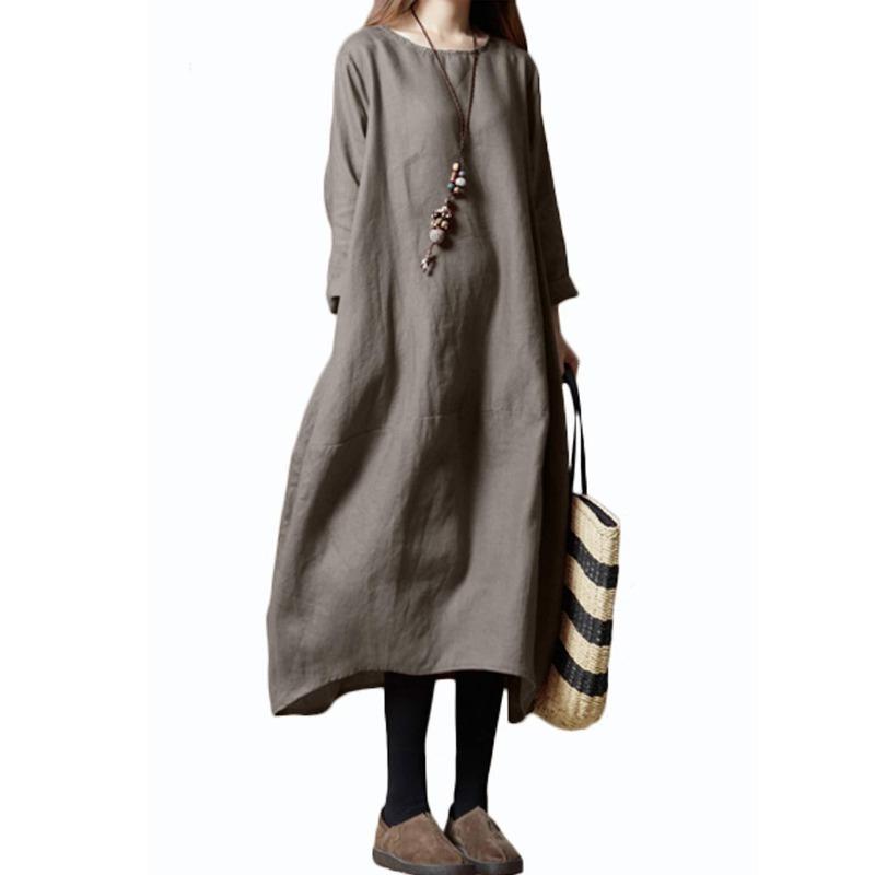Spring Autumn Literary Vintage Solid Loose Casual Robe Women Long Sleeve Round Neck Cotton Dreess Vestidos